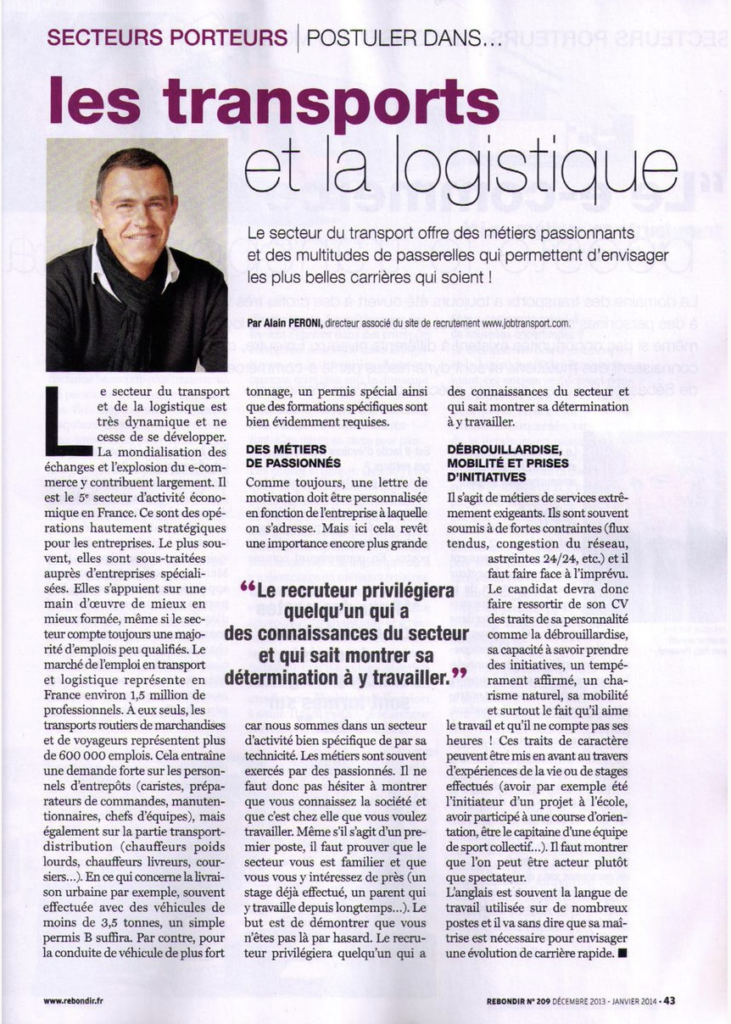 Extrait d'article accompagné d'une photo d'Alain Peroni directeur associé de Jobology